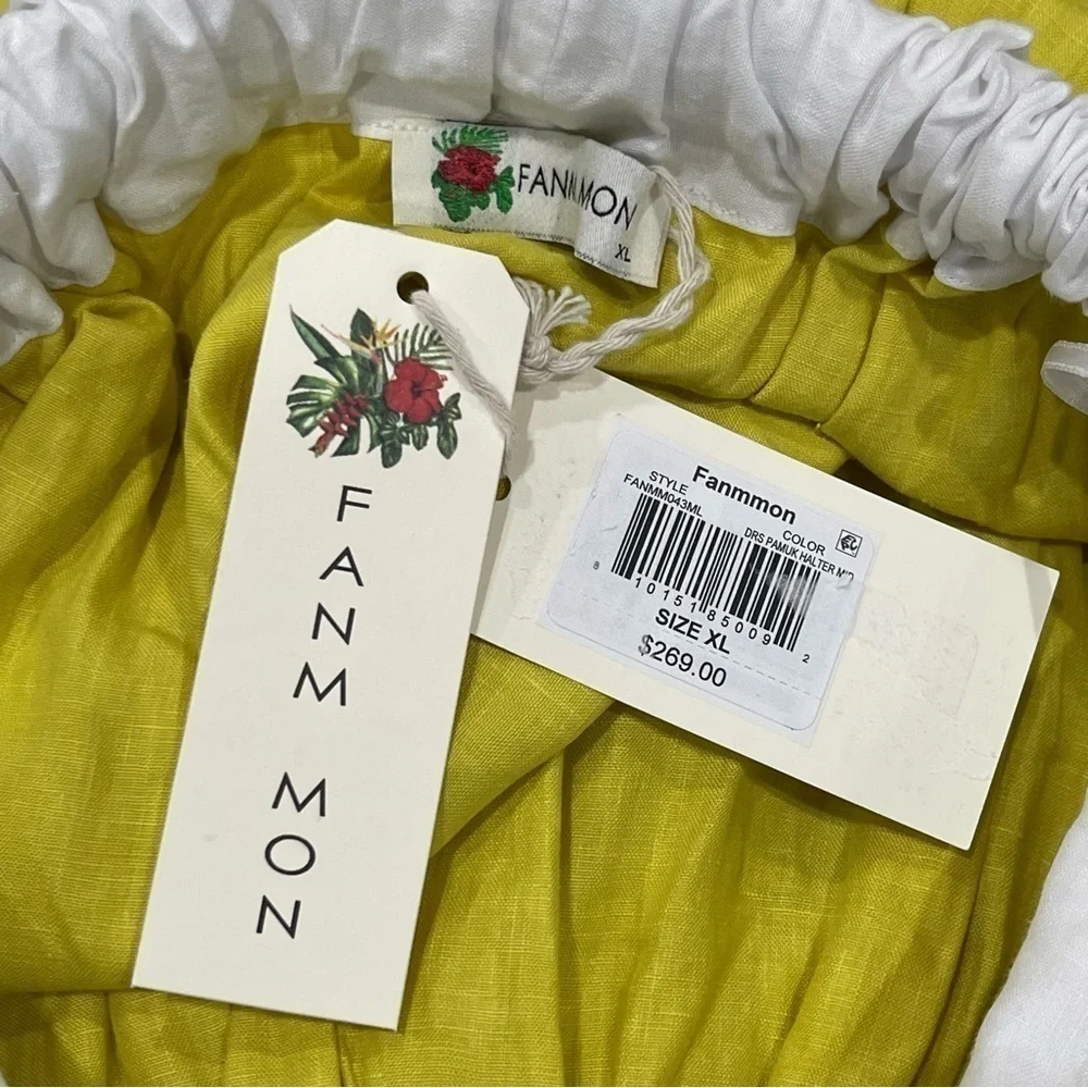 Fanm Mon Yamile 100% Linen Floral Embroidered Halter Midi Dress Mustard Lime NWT